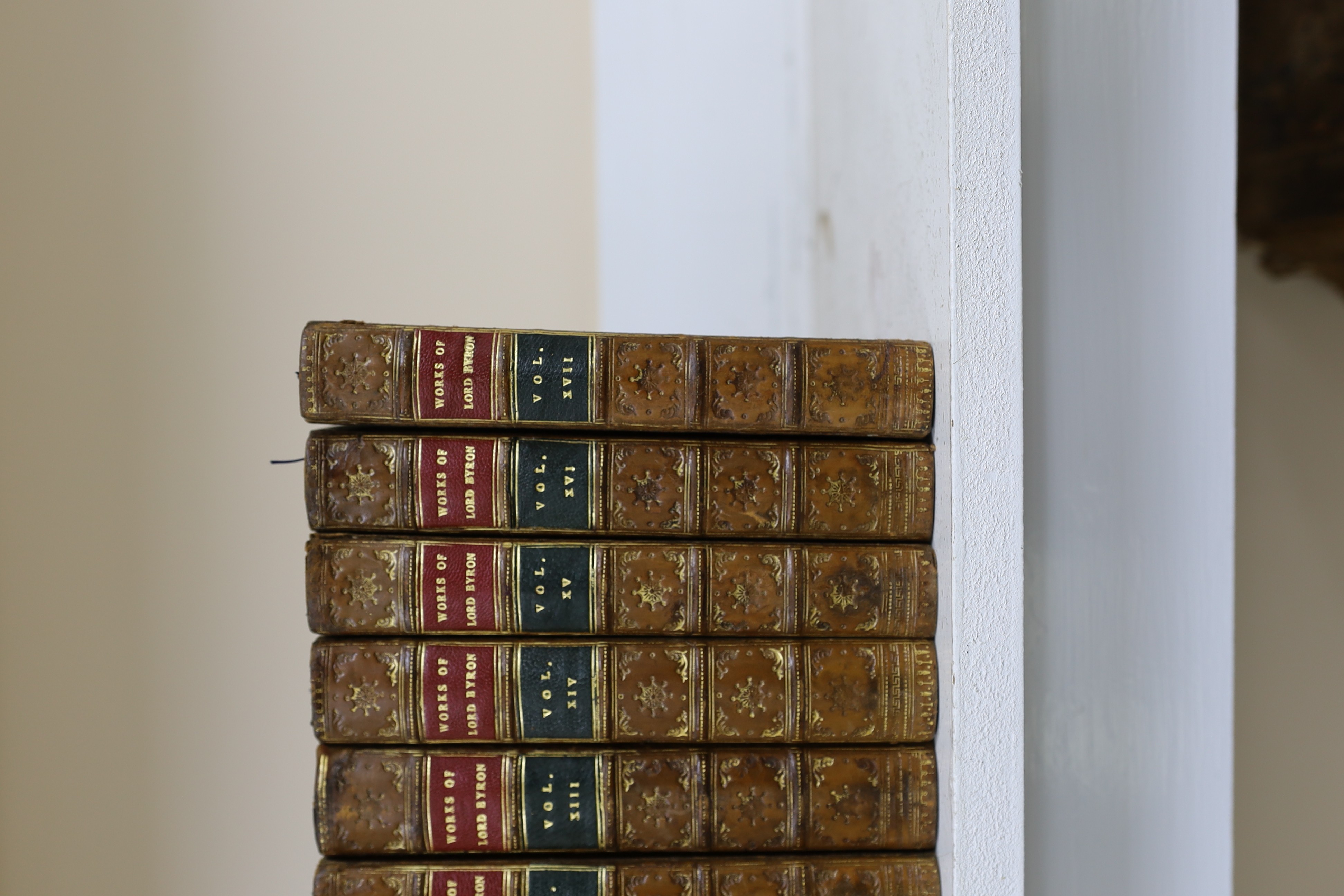 Byron, Lord George Gordon - The Works of.... with his Letters and Journals, and his Life, by Thomas Moore, Esq. 17 vols. pictorial engraved and printed titles, engraved frontispieces and 2 folded facsimiles; contemp. gil